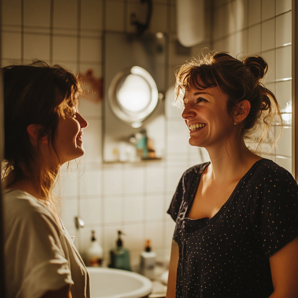 Deux femmes souriantes qui discutent | Source : Midjourney