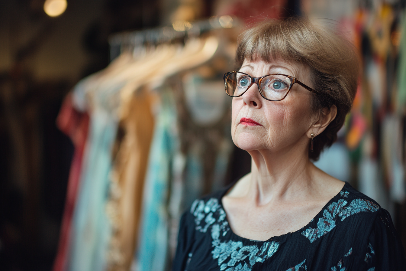 Une femme effrayée dans un magasin de vêtements | Source : Midjourney