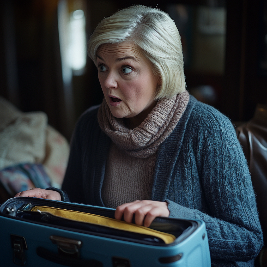 Une femme âgée choquée fouillant dans un sac bleu | Source : Midjourney