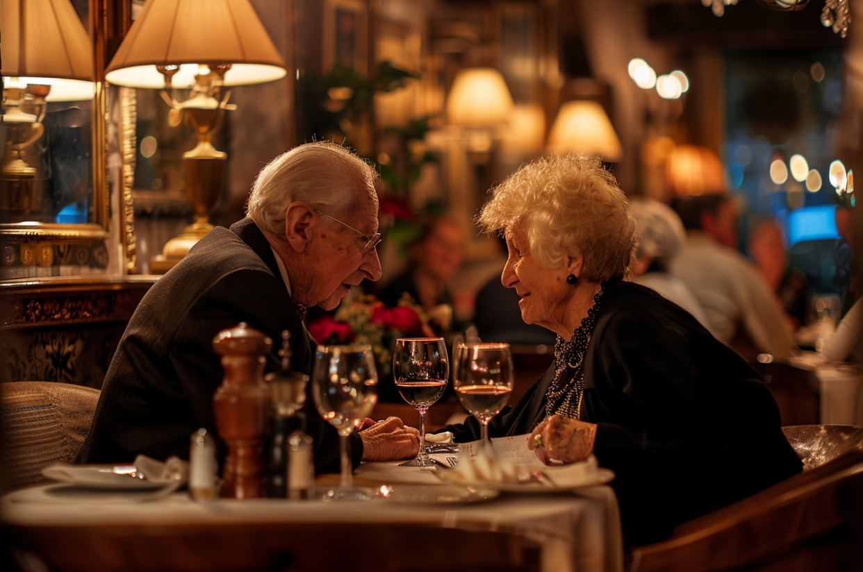 Un couple de personnes âgées dînant dans un restaurant | Source : MidJourney