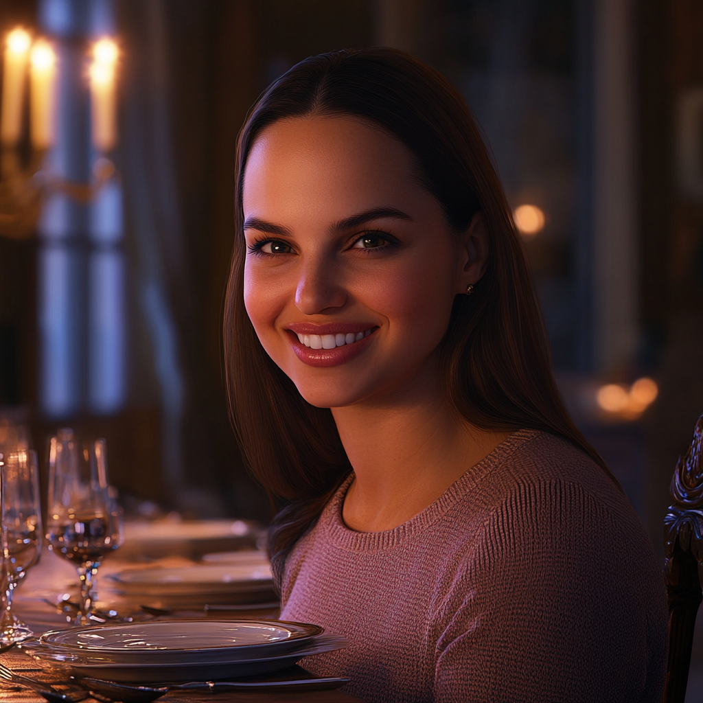 Une jeune femme joyeuse qui sourit dans une grande salle à manger | Source : Midjourney