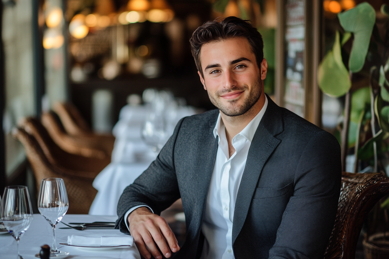 Un homme souriant faiblement alors qu'il est assis à une table | Source : Midjourney