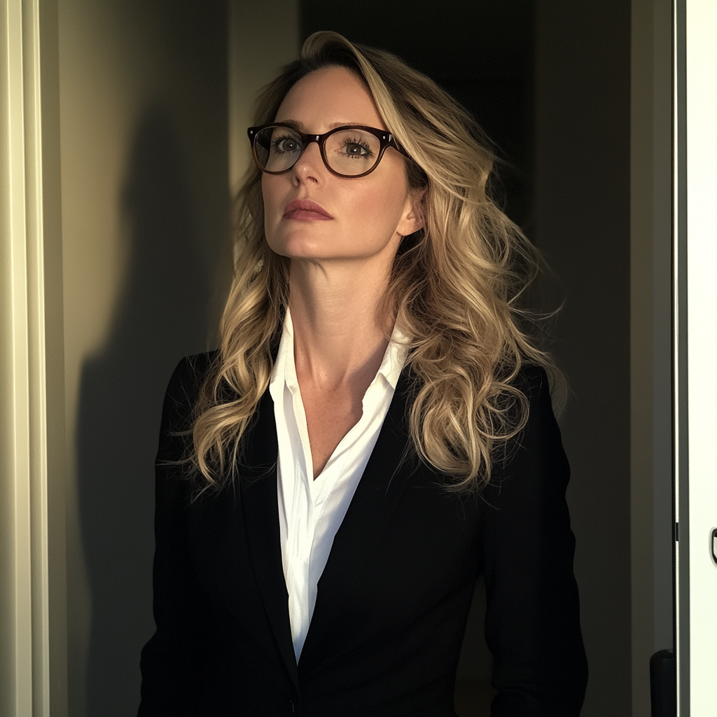 Une femme pensive se tenant dans l'embrasure de la porte d'un bureau | Source : Midjourney