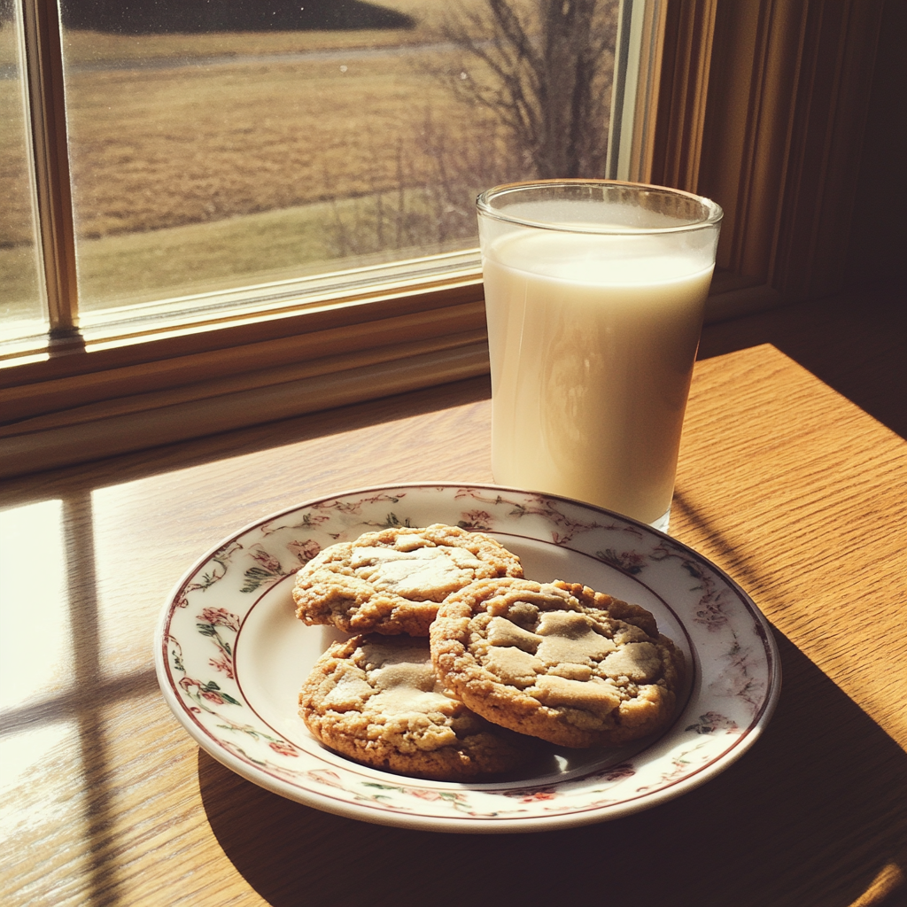 Un verre de lait et une assiette de biscuits | Source : Midjourney