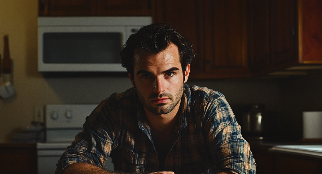 Un homme sérieux assis à une table de cuisine | Source : Midjourney