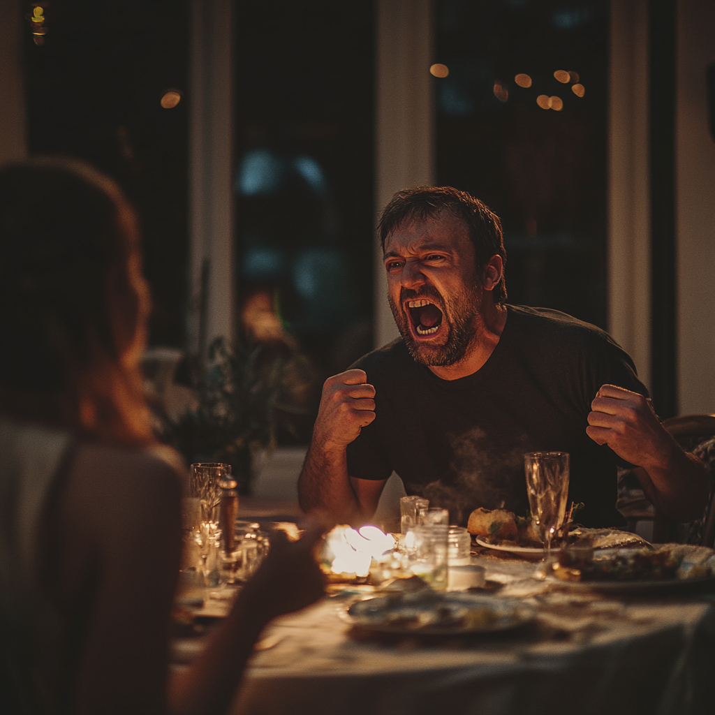 Un homme qui crie lors d'un repas de famille | Source : Midjourney