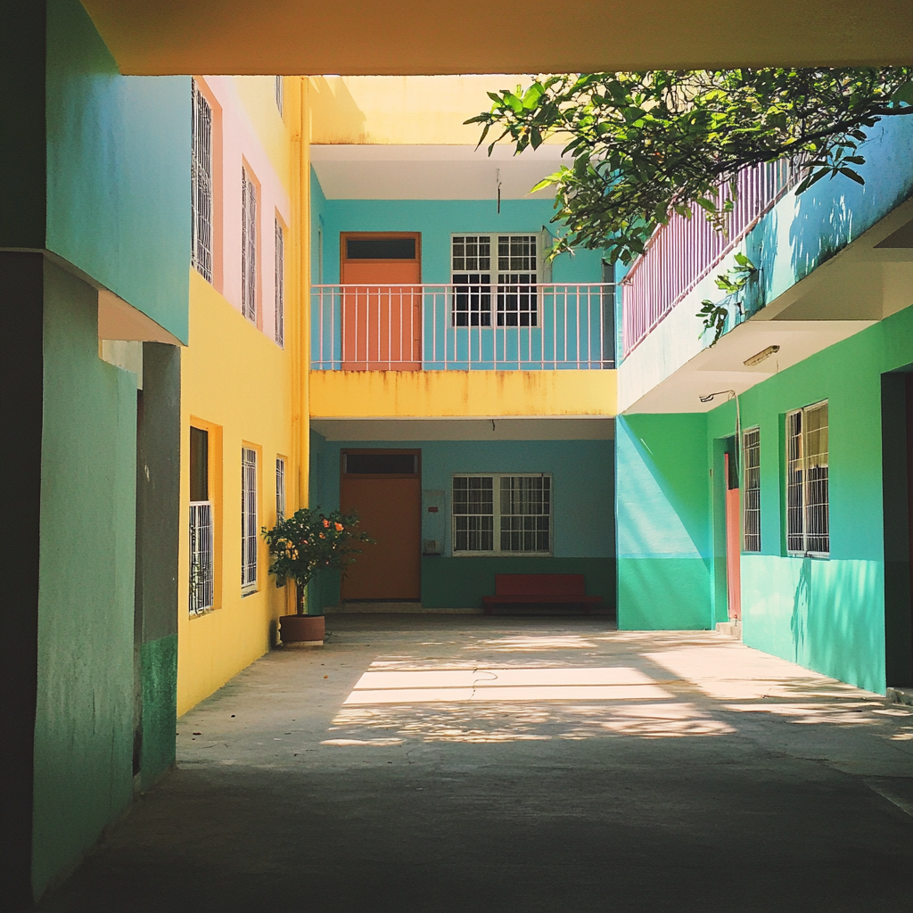 L'extérieur coloré d'un orphelinat | Source : Midjourney