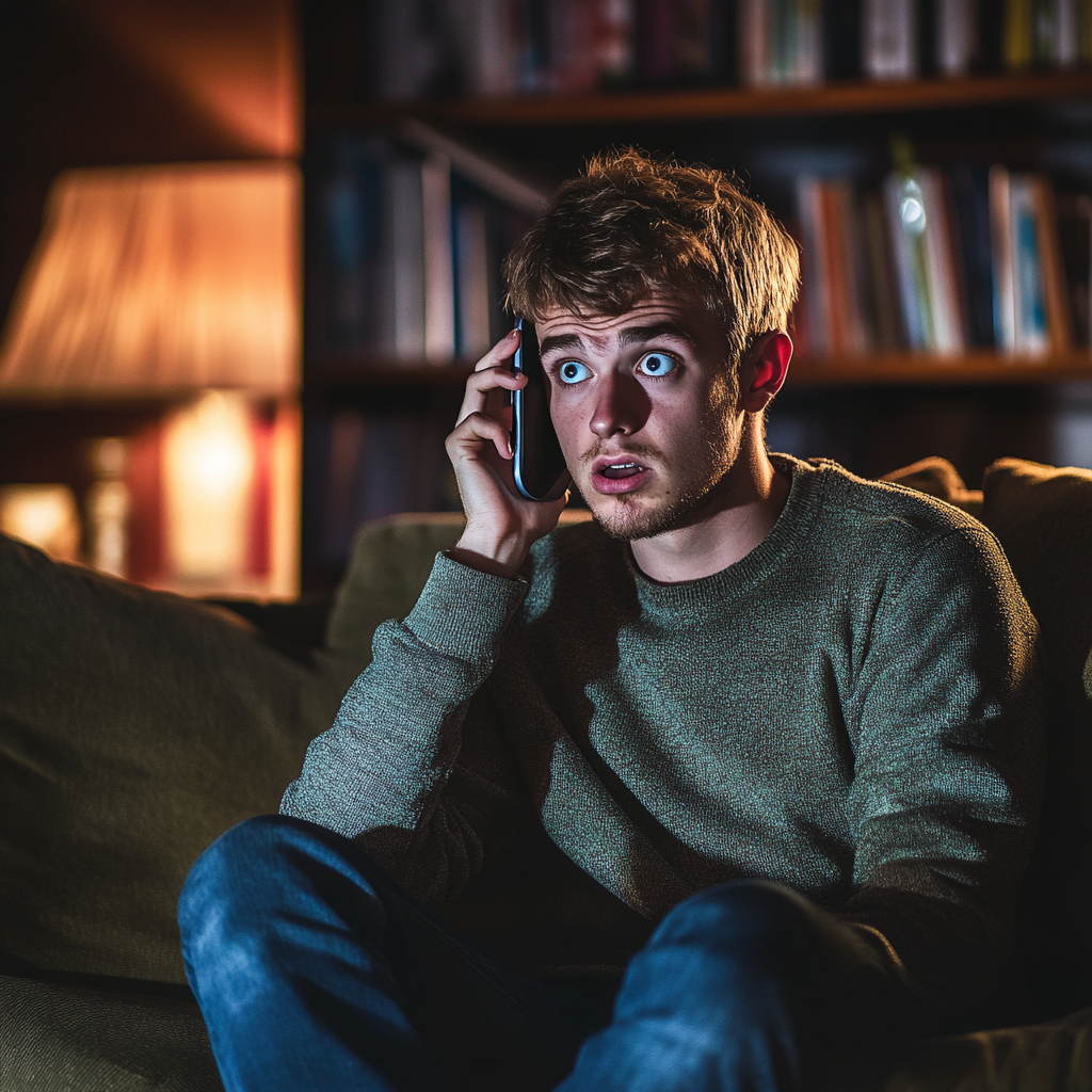 Un jeune homme choqué qui parle au téléphone | Source : Midjourney