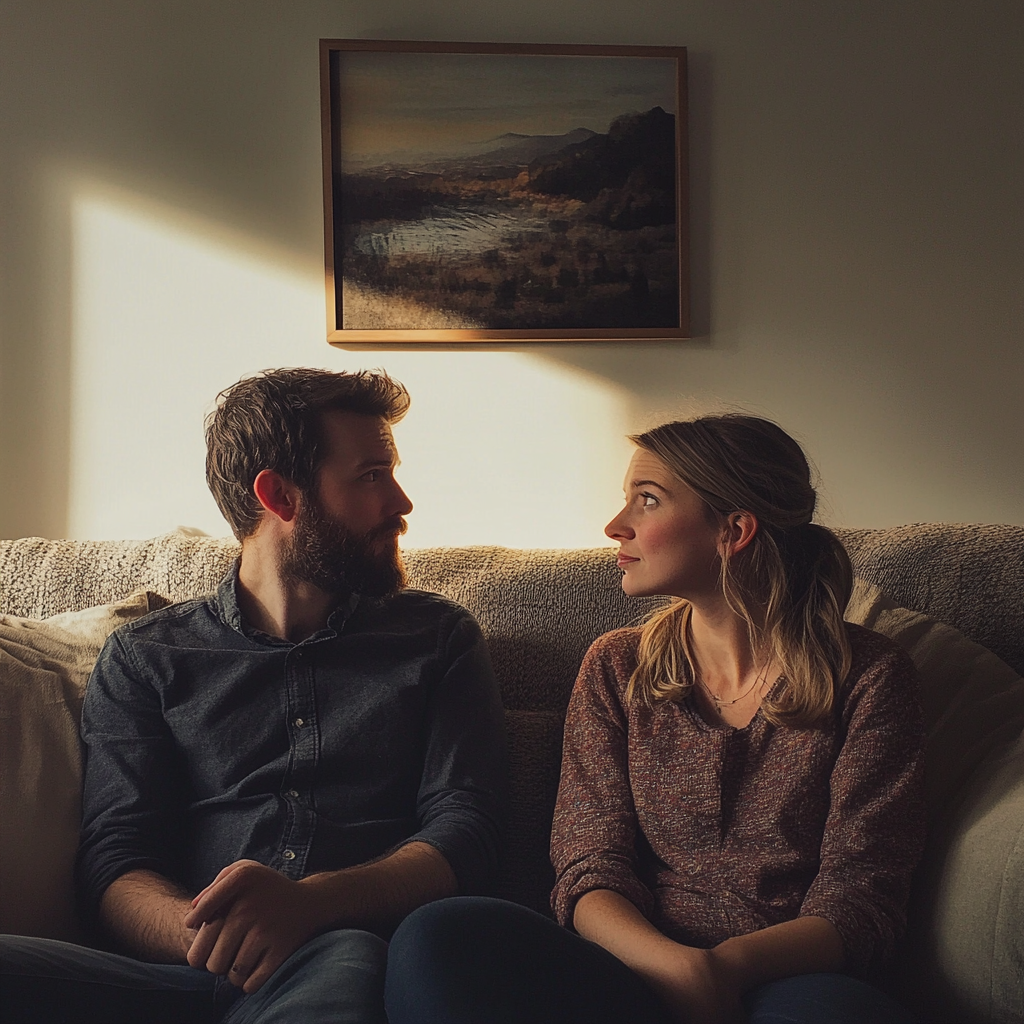 Un couple assis sur un canapé et se regardant l'un l'autre | Source : Midjourney