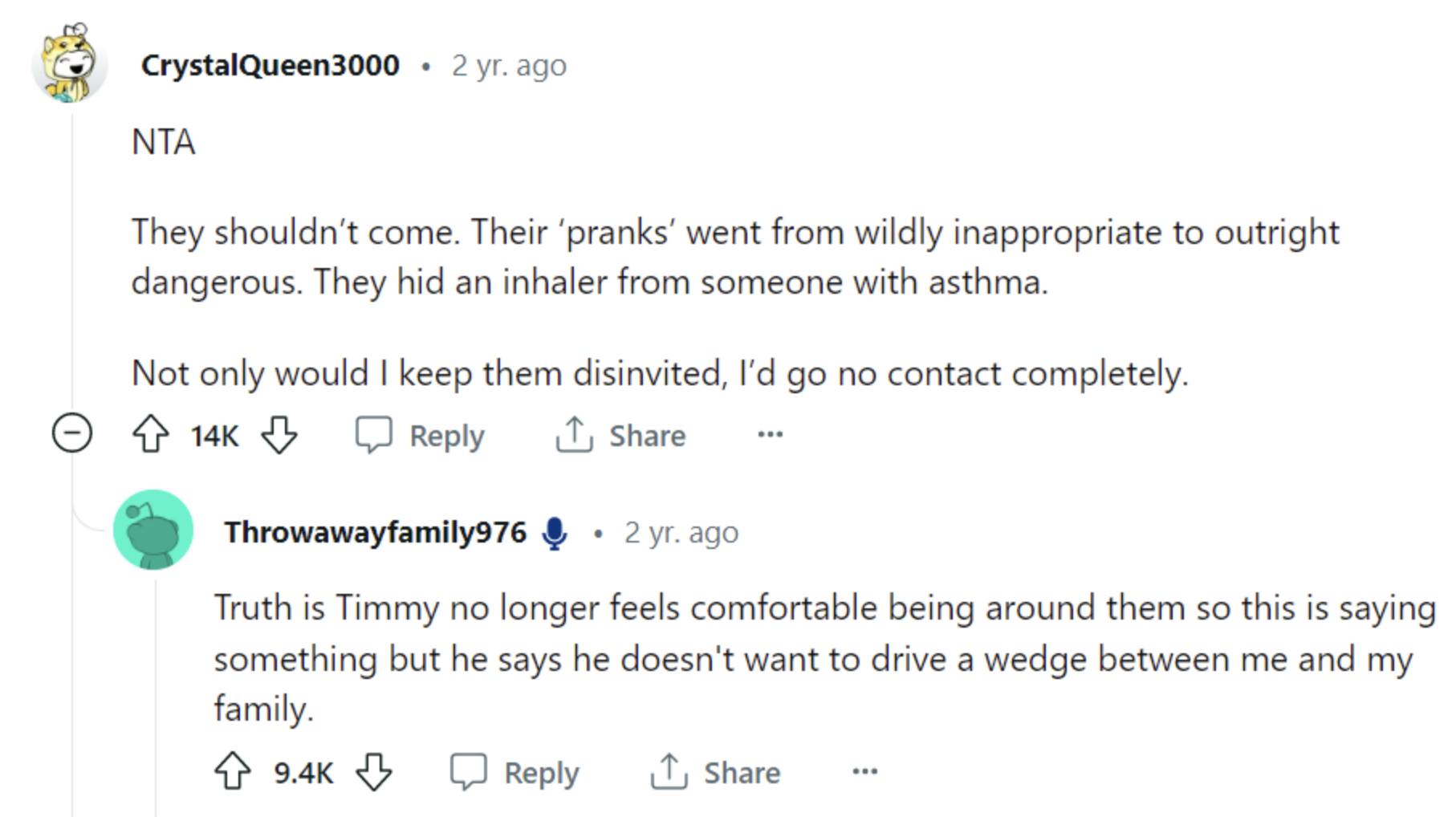 Capture d'écran des commentaires sur un post Reddit. | Source : Reddit/AmItheAsshole