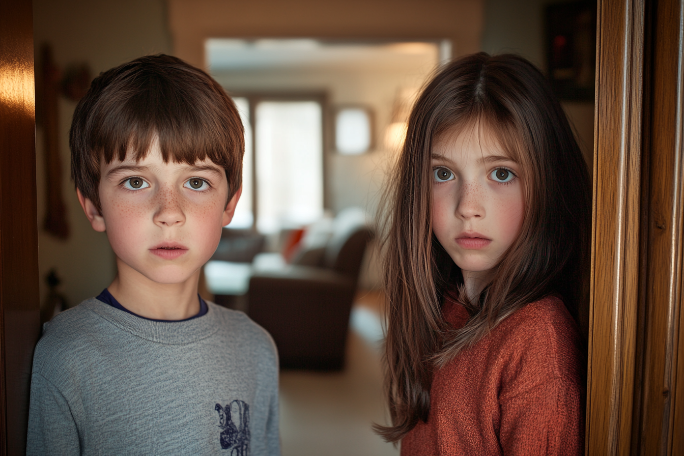 Deux enfants debout dans l'embrasure d'une porte, l'air curieux et confus | Source : Midjourney