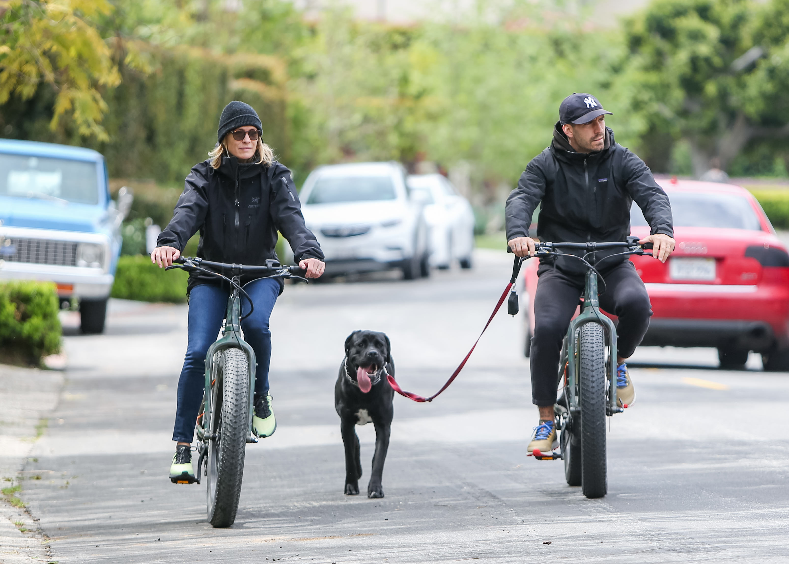 Robin Wright, Clément Giraudet et leur chien sont vus à Los Angeles, en Californie, le 17 avril 2020. | Source : Getty Images