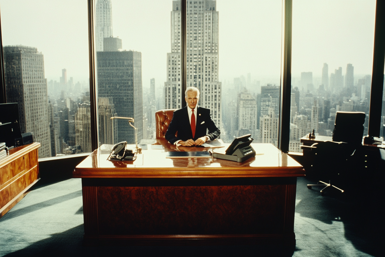 Un homme assis à un bureau dans un bureau d'angle | Source : Midjourney