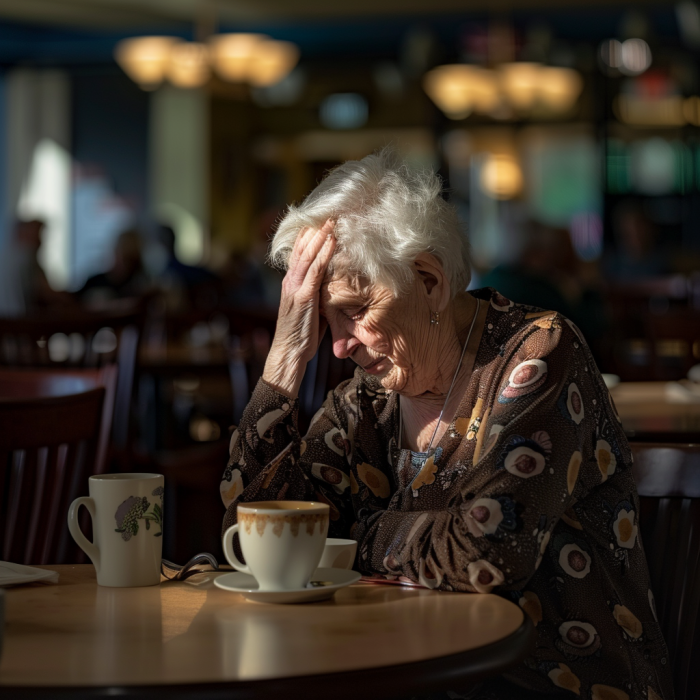 Une femme âgée à l'air très triste est assise dans le café d'une maison de retraite | Source : Midjourney