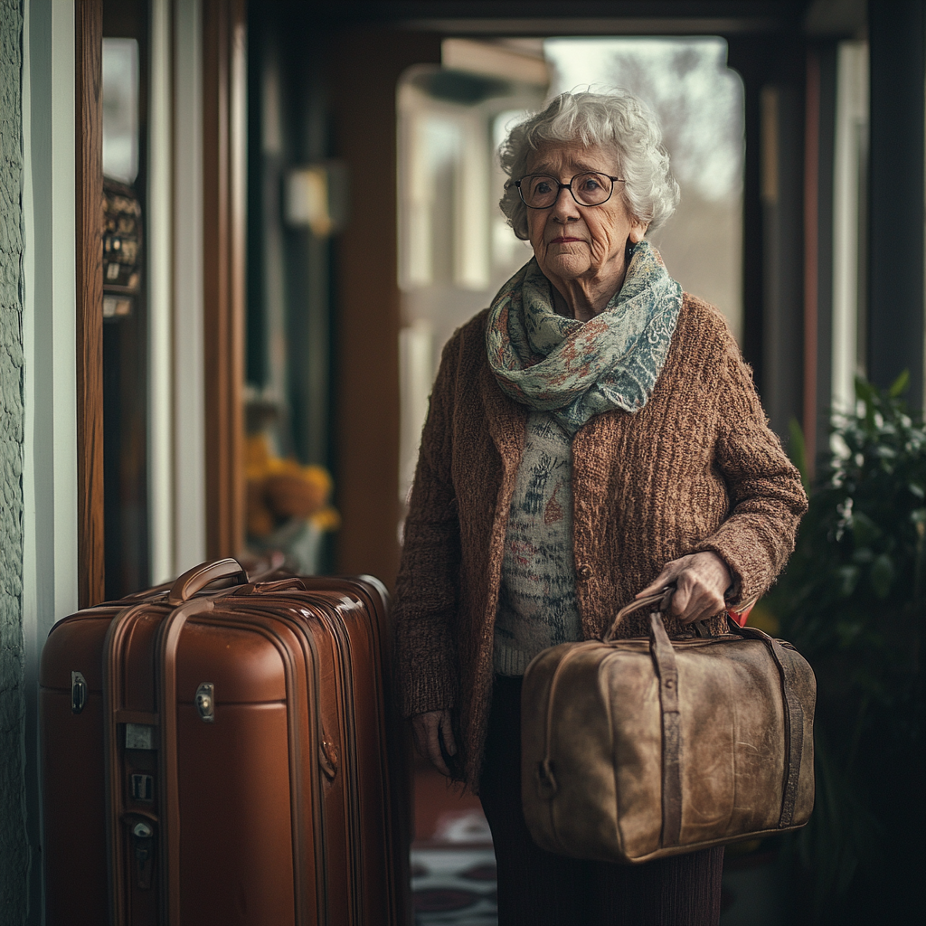 Une femme âgée se tenant à la porte de sa voisine avec des valises remplies | Source : Midjourney