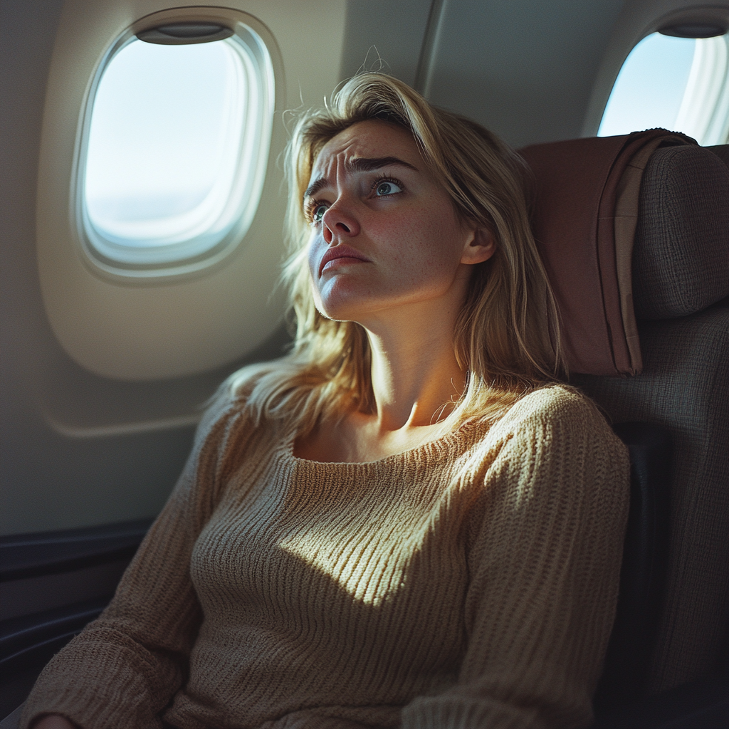 A distraught woman about to leave her airplane seat | Source: Midjourney