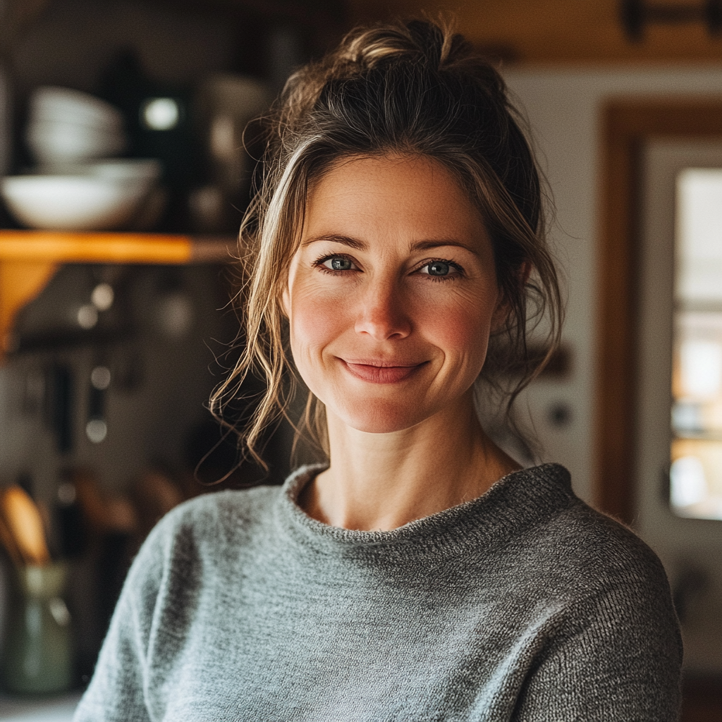 Une femme force le sourire alors qu'elle se tient dans la cuisine | Source : Midjourney