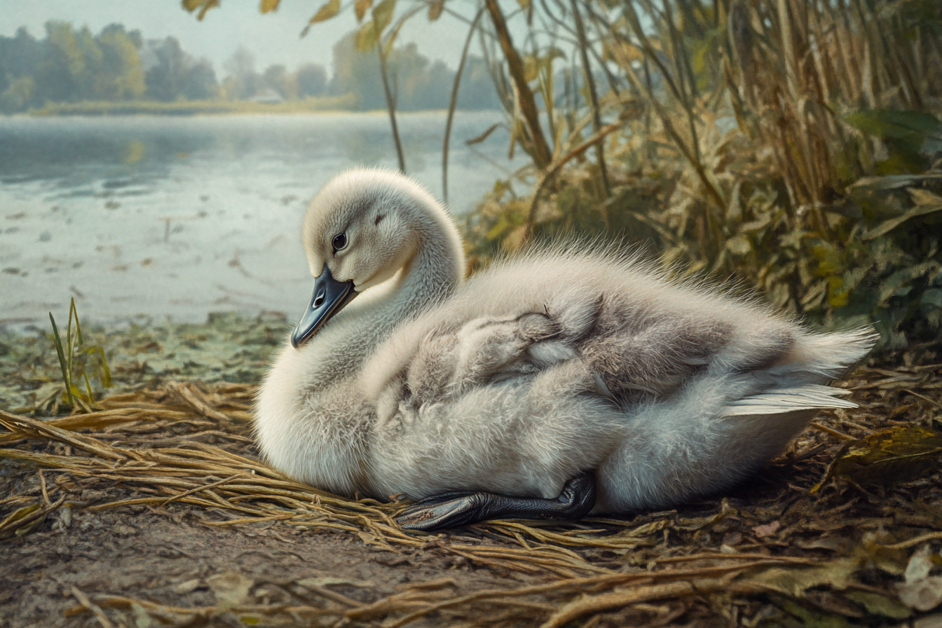 Un jeune oiseau tout seul près d'une rive de lac | Source : Midjourney