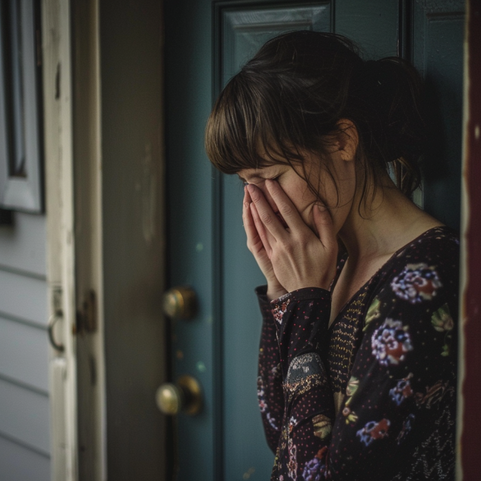 Une femme qui pleure en se tenant sur le pas de la porte | Source : Midjourney