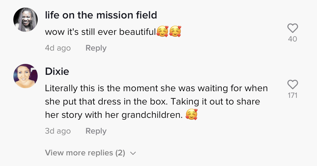 Les internautes ont laissé des commentaires réconfortants sur le clip vidéo émouvant de TikToker montrant la robe de mariée de sa grand-mère. | Photo : tiktok.com/_darth_kater