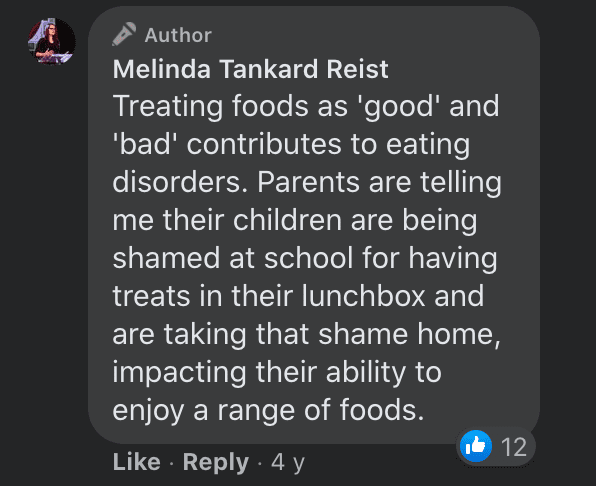 La section des commentaires d'un article viral révélant qu'un enseignant critiquait la nourriture emballée dans la boîte à lunch d'un élève. | Facebook  /MelindaTankardReist