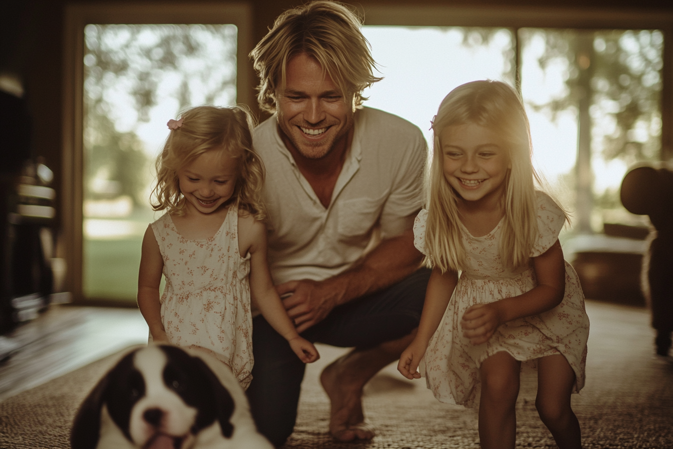 Un homme blond d'une trentaine d'années avec des jumelles de 5 ans, souriant joyeusement en regardant un chiot dans le salon | Source : Midjourney