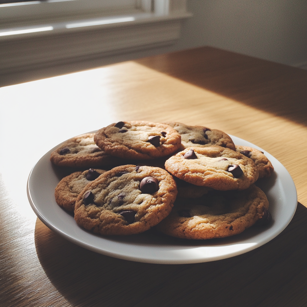 Une assiette de biscuits aux pépites de chocolat | Source : Midjourney