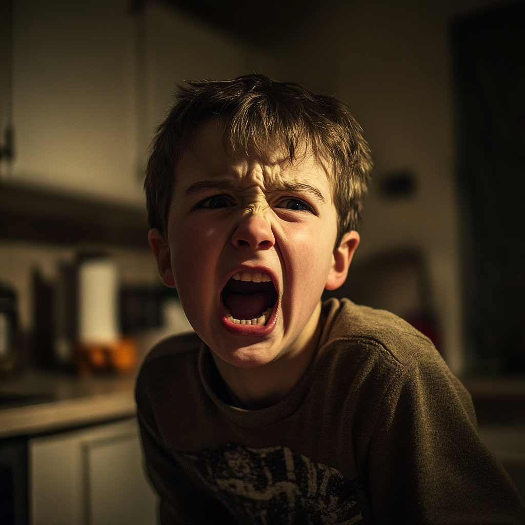 A boy screaming in the kitchen | Source: Midjourney