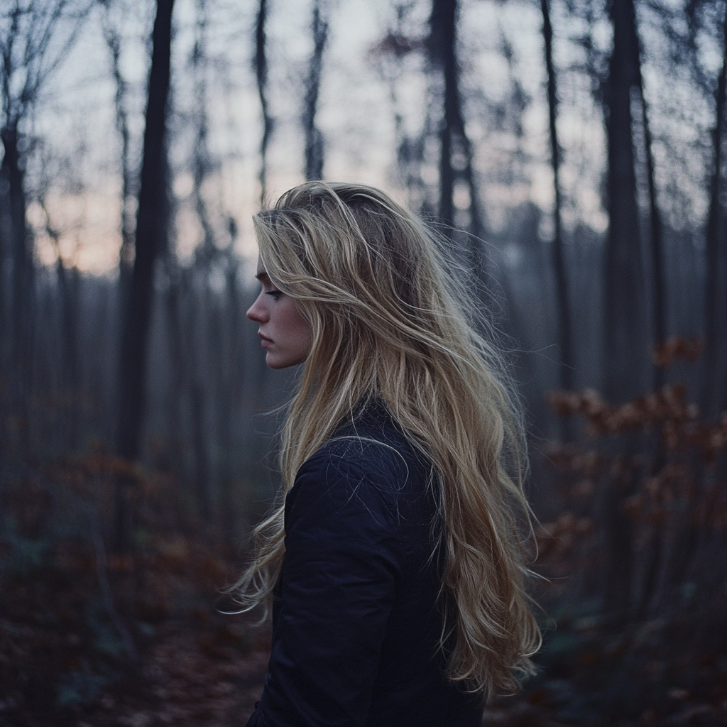 Une femme triste qui se promène dans les bois | Source : Midjourney