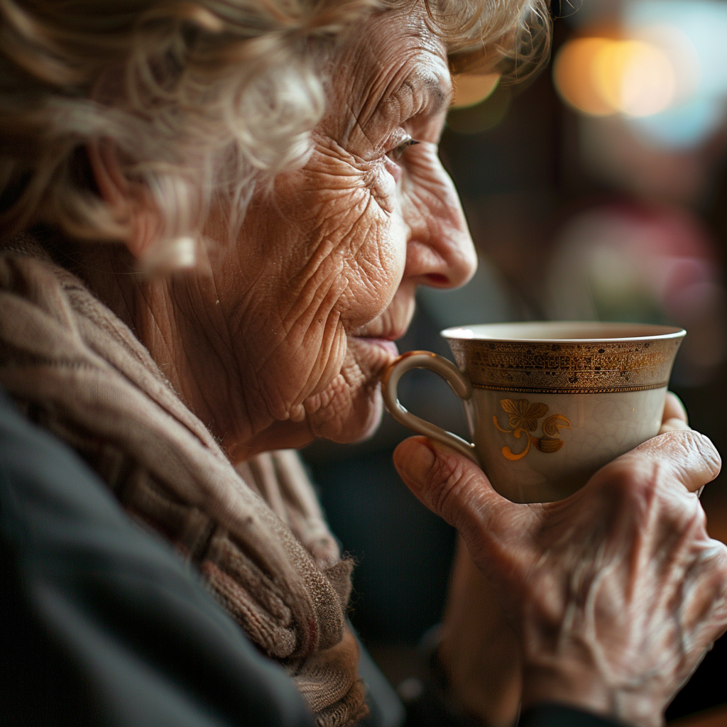 Une femme âgée tenant une tasse de thé | Source : Midjourney