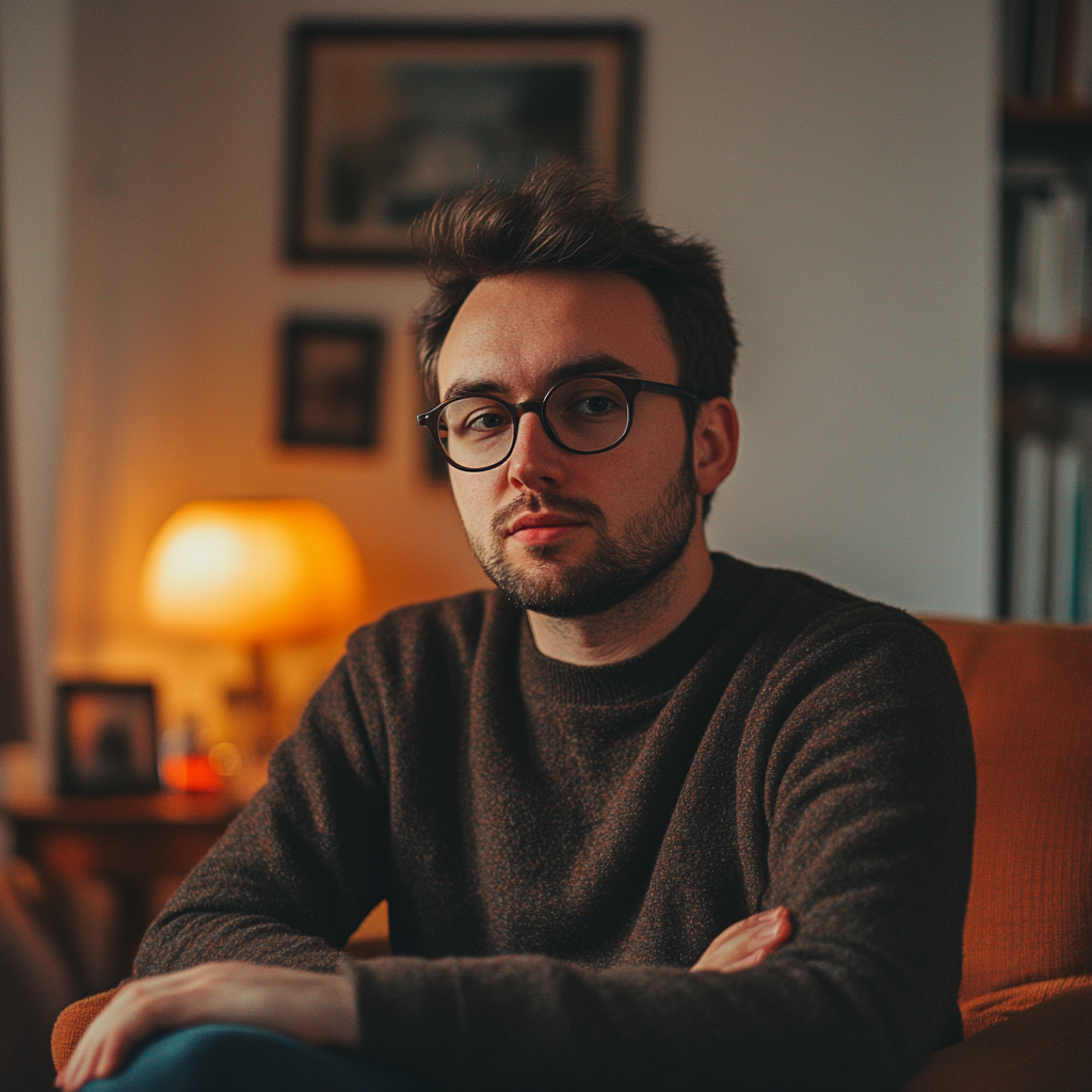 Un homme sérieux dans son salon | Source : Midjourney