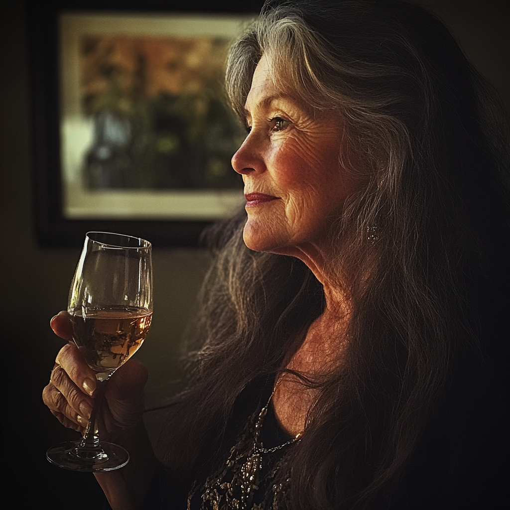 Une femme assise à une table avec un verre de vin | Source : Midjourney