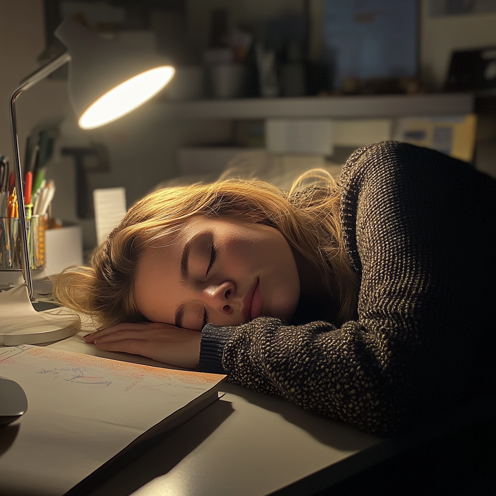 Femme fatiguée dormant sur son bureau | Source : Midjourney