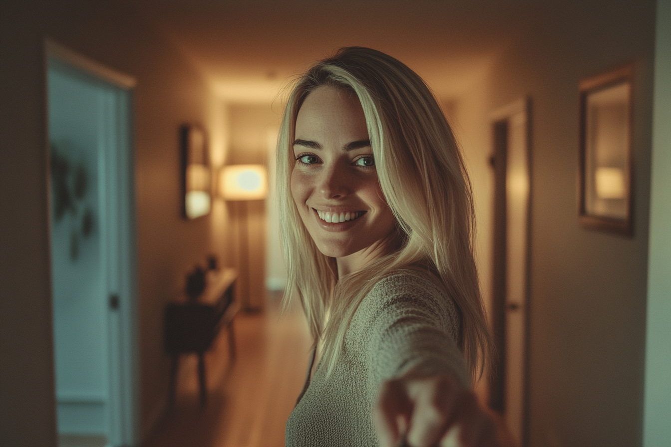 Une femme blonde qui sourit et pointe son doigt dans le couloir d'une maison | Source : Midjourney