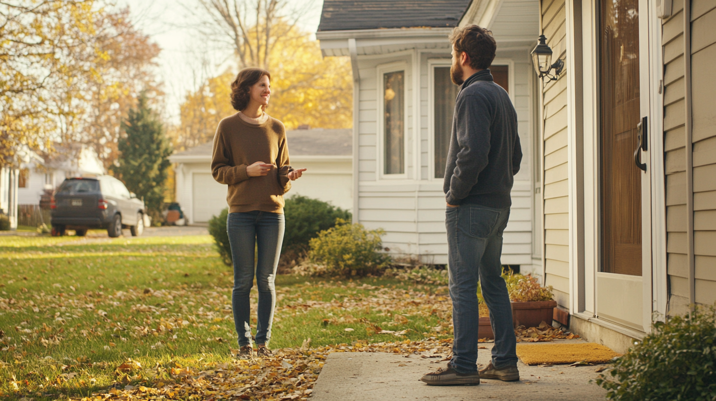 Une femme sourit à un homme à l'extérieur d'une maison | Source : Midjourney