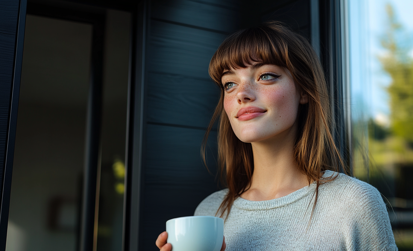 Une femme souriant et tenant une tasse de café sur un porche d'entrée | Source : Midjourney