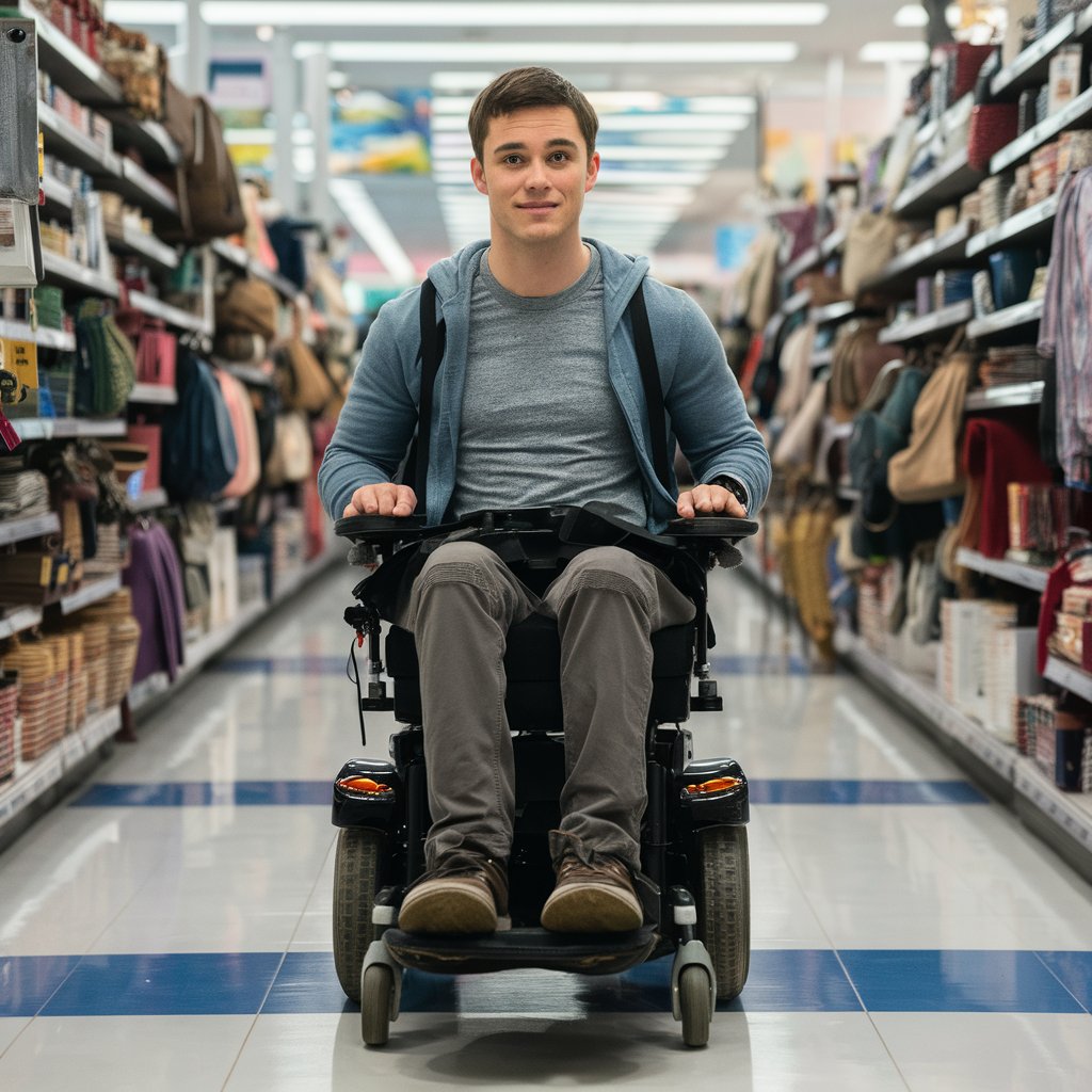 Un jeune homme en fauteuil roulant fait ses courses dans un super marché | Source : Midjourney