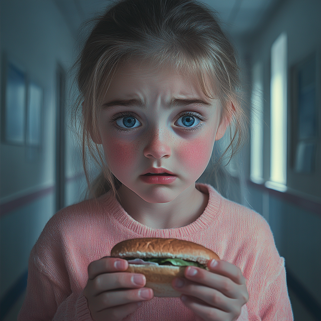 Une fille triste tenant un sandwich | Source : Midjourney