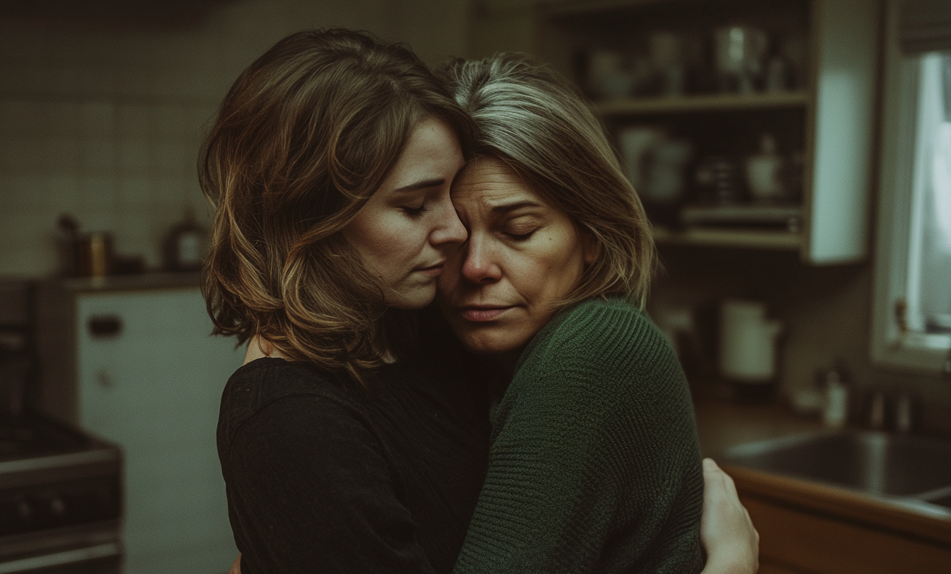 Une femme serrant dans ses bras sa mère âgée dans une cuisine | Source : Midjourney