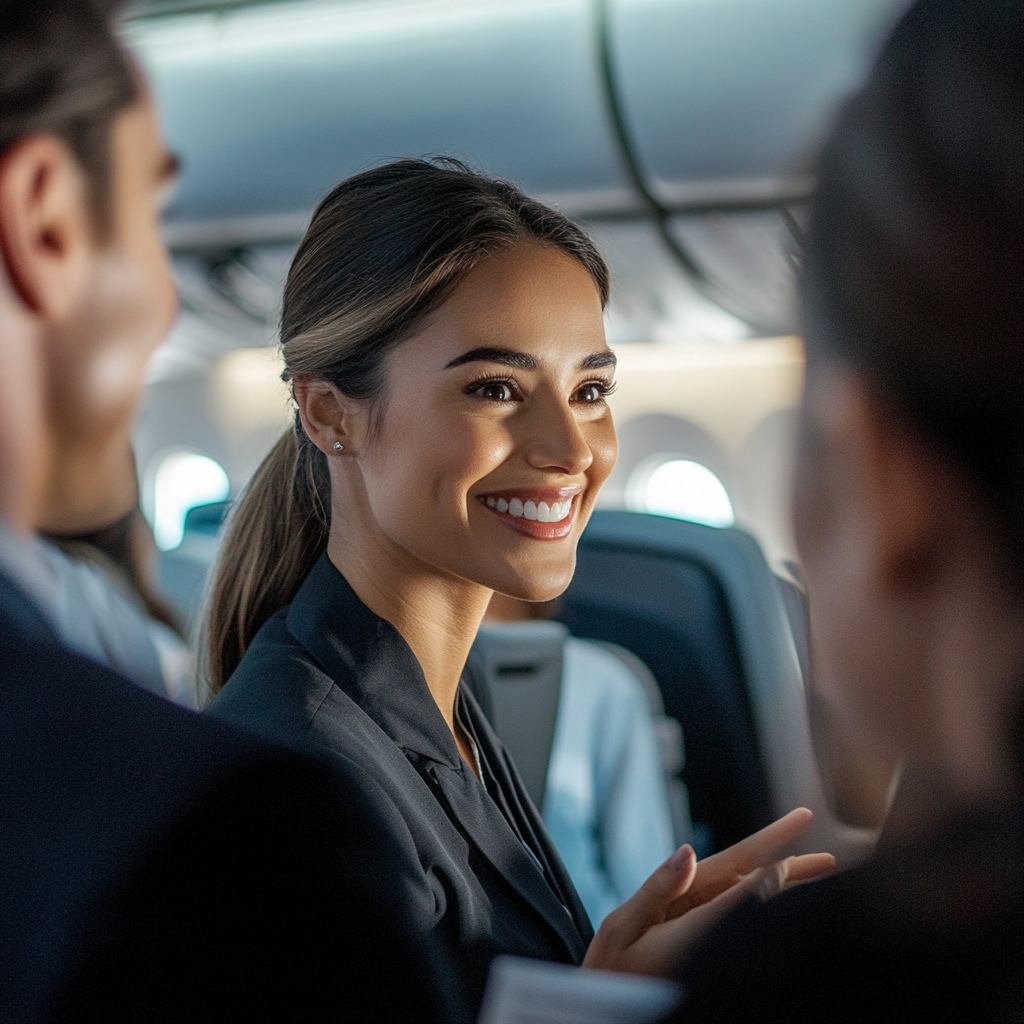 Une hôtesse de l'air parle aux passagers | Source : Midjourney