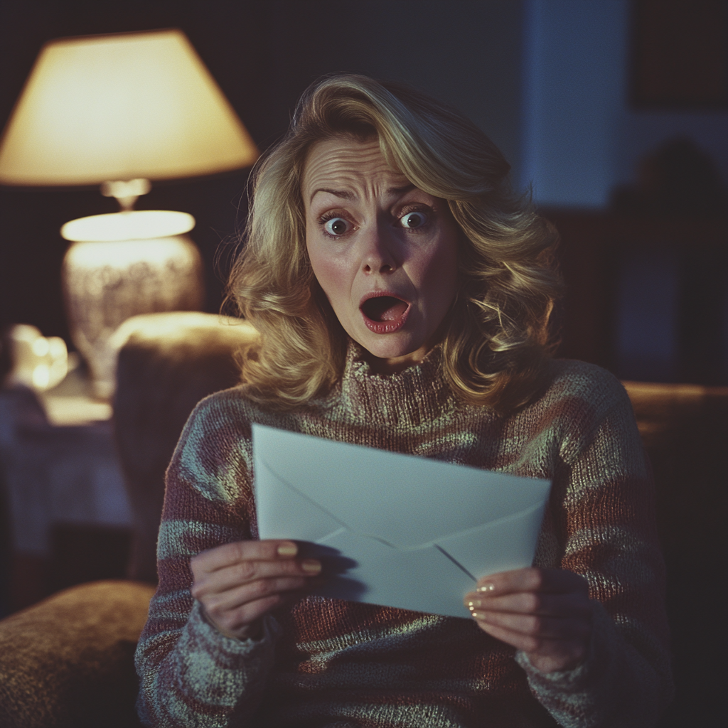 Une femme choquée qui regarde une enveloppe | Source : Midjourney