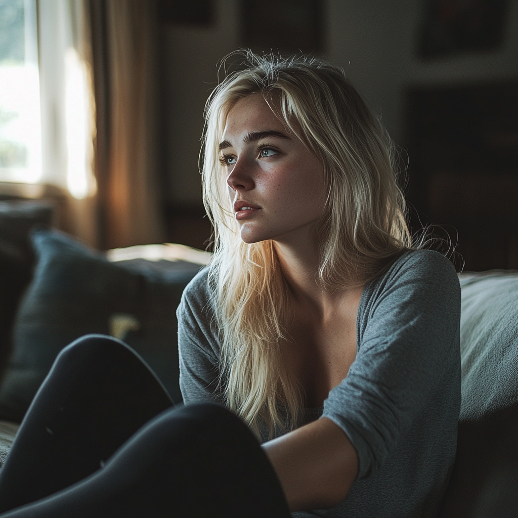 Une femme bouleversée assise dans son salon | Source : Midjourney