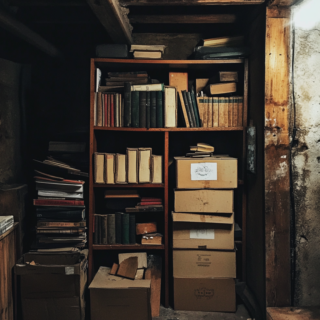 Une étagère de livres dans un sous-sol | Source : Midjourney