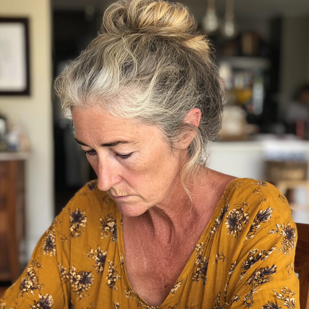 Une femme âgée assise à une table de cuisine | Source : Midjourney
