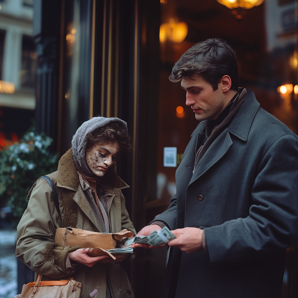 Un homme donne de l'argent à une femme sans abri | Source : Midjourney