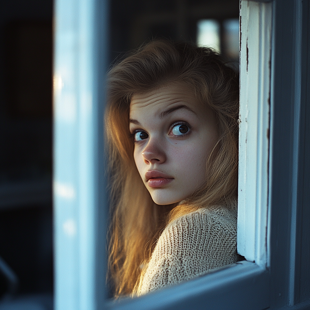 A woman peering through a window | Source: Midjourney