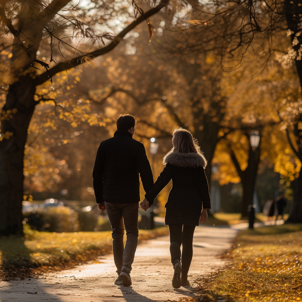 Un couple se promenant dans un parc | Source : Midjourney