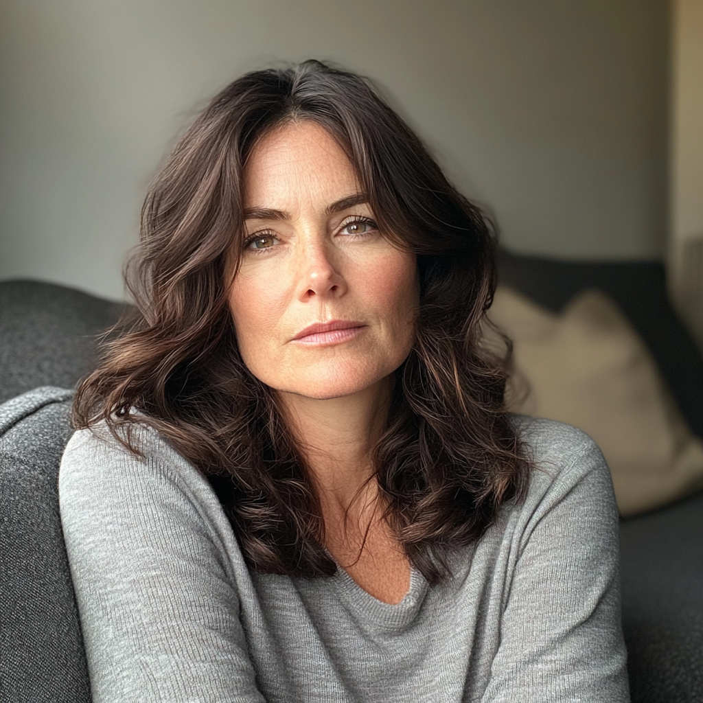 Une femme pensive assise sur un canapé | Source : Midjourney