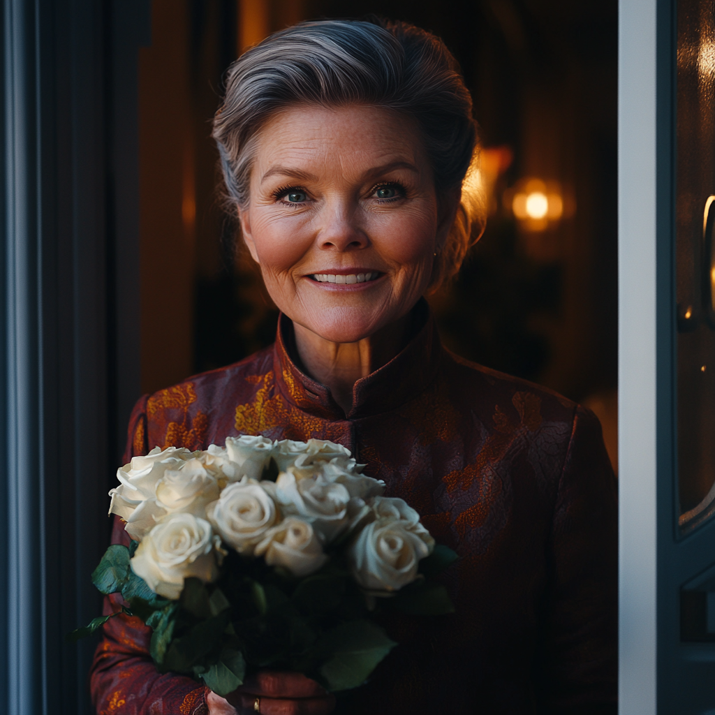 Une dame âgée souriante tenant un bouquet de roses blanches | Source : Midjourney