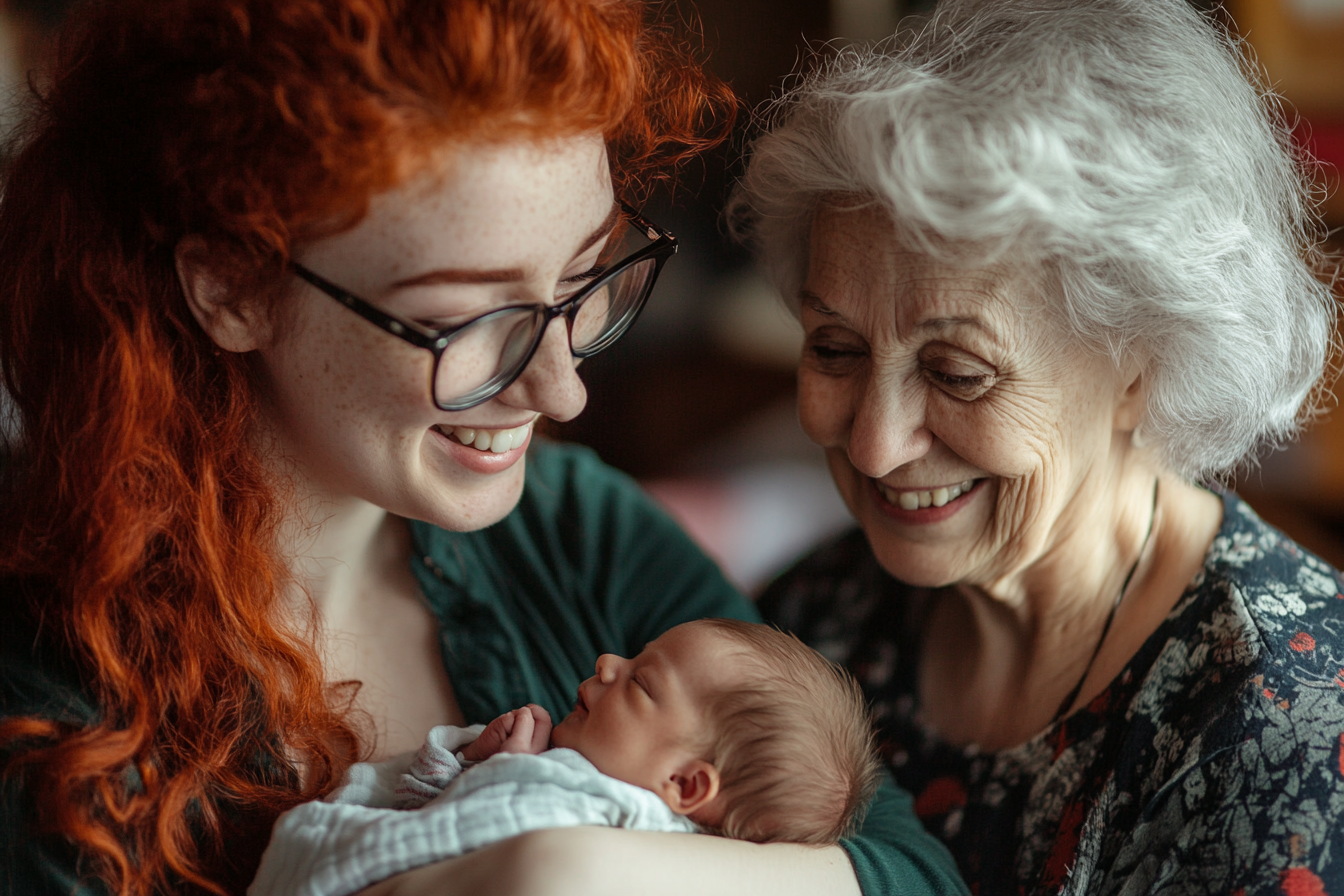 Deux femmes admirant un nouveau-né | Source : Midjourney